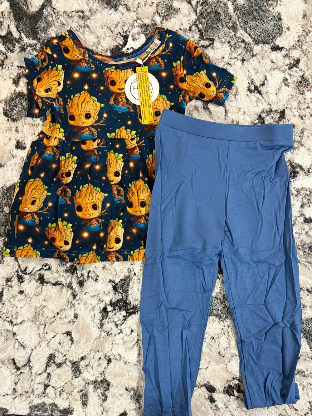 Groot Print Navy Dress and Blue Leggings Kids bamboo peplum Set
